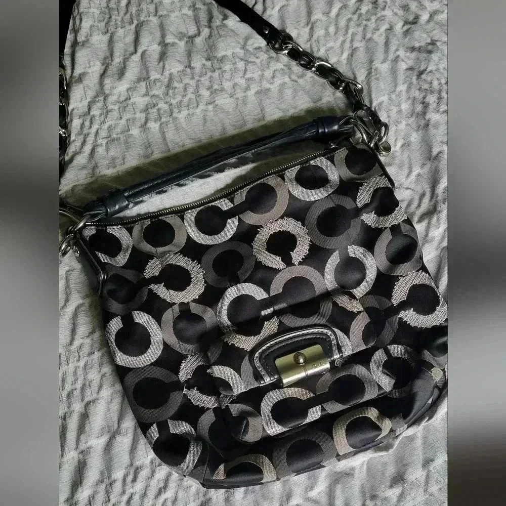 COACH embroidered OP Art Hobo Coach bag, silvers grays, black
